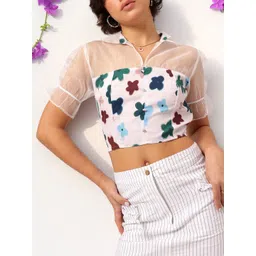 DressBerry Bold Sheer Floral Printed Shirt Style Net Detail Crop Top-picture-25