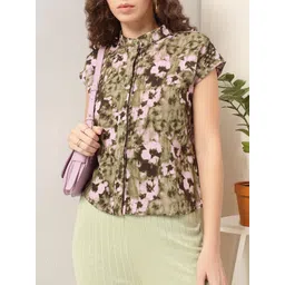 DressBerry Cozy Couture Printed Band Collar Shirt Style Top image 1