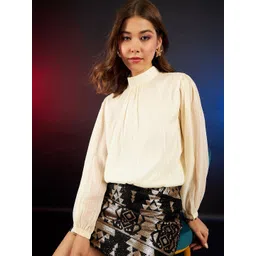 DressBerry Cream-Coloured Mock Neck Puff Sleeves Top-picture-16