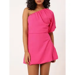 DressBerry Cute Chic One Shoulder Gathers Puff Sleeve Mini A-Line Dress-picture-36