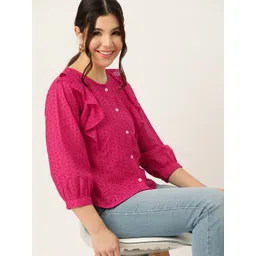 DressBerry Embroidered Schiffli Puff Sleeves Ruffles Cotton Pure Cotton Shirt Style Top-picture-20