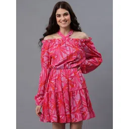DressBerry Floral Print Halter Neck Puff Sleeve Chiffon A-Line Dress-picture-13
