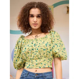 DressBerry Floral Print Puff Sleeve Cotton Crop Top-picture-36