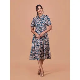 DressBerry Floral Print Puff Sleeve Cotton Fit & Flare Midi Dress-picture-22