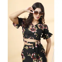 DressBerry Floral Print Puff Sleeve Crepe Blouson Crop Top-picture-27