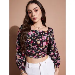 DressBerry Floral Print Puff Sleeve Crepe Crop Top-picture-17
