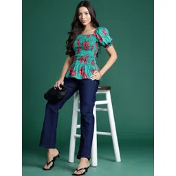 DressBerry Floral Print Puff Sleeve Crepe Peplum Top-picture-25