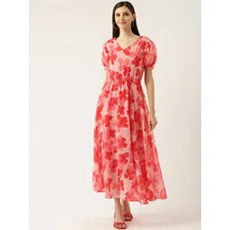 DressBerry Floral Print Puff Sleeve Georgette A-Line Maxi Dress-picture-28