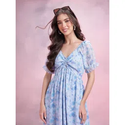 DressBerry Floral Print Puff Sleeve Ruched A-Line Midi Dress-picture-37