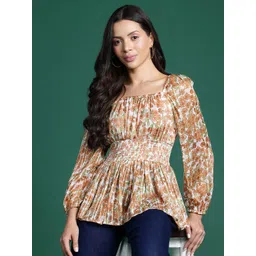 DressBerry Floral Print Puff Sleeves Chiffon Peplum Top-picture-14