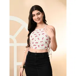 DressBerry Floral Printed Halter Neck Ruched Fitted Crop Top-image-32