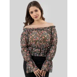 DressBerry Floral Printed Off-Shoulder Puff Sleeve Bardot Top-image-36