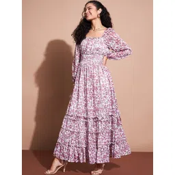 DressBerry Floral Printed Puff Sleeve Georgette Pleated Fit & Flare Maxi Dress-image-5
