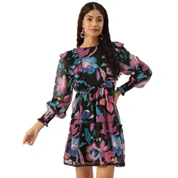 DressBerry Floral Printed Puff Sleeve Ruffled Georgette Fit and Flare Dress-image-1