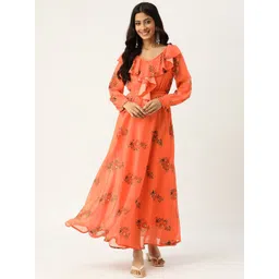 DressBerry Floral Printed Ruffled Cuffed Sleeves Georgette Maxi Fit & Flare Dress-image-8