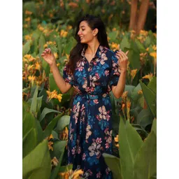 DressBerry Floral Printed Shirt Collar Fit & Flare Midi Dress-picture-30