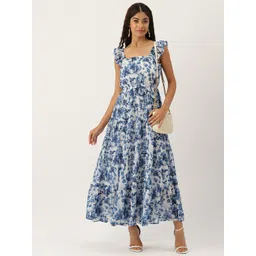 DressBerry Floral Printed Square Neck Ruffled Tiered Georgette Maxi Fit & Flare Dress-image-9