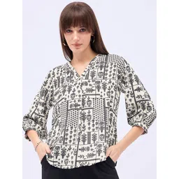 DressBerry Geometric Print Puff Sleeve Satin Top-picture-30