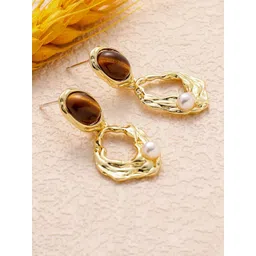 DressBerry Gold-Plated Pearls Studded Contemporary Shaped Korean Drop Earrings-picture-34
