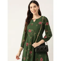 DressBerry Green & Pink Floral Printed Puff Sleeve Georgette Fit & Flare Midi Dress-image-12