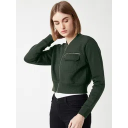 DressBerry Green Stand Collar Crop Bomber Jacket-picture-17