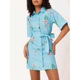 DressBerry Holiday Chic Floral Printed Shirt Style Mini Dress With Waist Tie-Up-picture-26