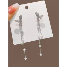 DressBerry Korean American Diamond Studded Silver-Plated and Beads Contemporary Earrings image 5