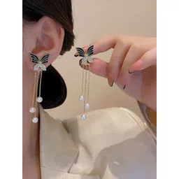 DressBerry Korean Gold-Plated American Diamond Studded & Pearls Beaded Quirky Earrings-picture-13