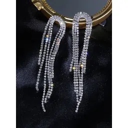 DressBerry Korean Gold-Plated American Diamond Studded Contemporary Shaped Drop Earrings-picture-14