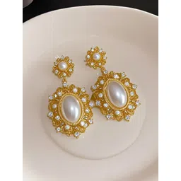 DressBerry Korean Gold-Plated American Diamond Studded Oval Drop Earrings-picture-12