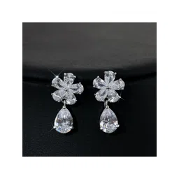 DressBerry Korean Silver-Plated American Diamond Studded Floral Shaped Drop Earrings-picture-10