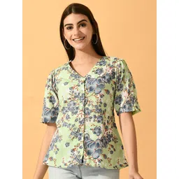 DressBerry Lime Green Floral Printed V-Neck Shirt Style Top-picture-22