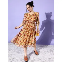 DressBerry Mustard Yellow Floral Printed Georgette Fit & Flare Midi Dress-image-4