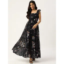 DressBerry Navy Blue & white Floral Printed Square Neck Georgette Maxi Dress-image-31
