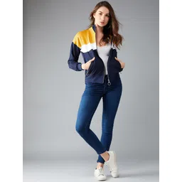 DressBerry Navy Blue & Yellow Colourblocked Turtle Neck Pure Cotton Sporty Jacket-picture-12