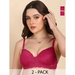 DressBerry Pack Of 2 Lace Floral Full Coverage Seamless Lightly Padded Bralette Bra-picture-39