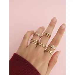 DressBerry Pack of 8 Gold-Plated Cubic Zirconia Stone-Studded Finger Ring-picture-21