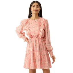 DressBerry Pink Floral Printed Cuffed Sleeves Georgette Tiered Ruffled Fit & Flare Dress-image-14