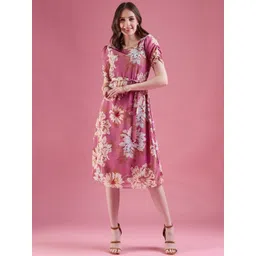 DressBerry Pink Floral Printed Gathered or Pleated Georgette Fit & Flare Dress-image-11