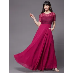 DressBerry Pink Floral Self Design Maxi Ethnic Dresses-picture-19