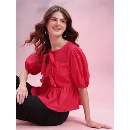 DressBerry Puff Sleeve Pure Cotton Peplum Top with Tie-Up Detail-picture-23