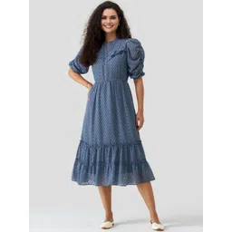 DressBerry Puff Sleeve Ruffled Crepe Fit & Flare Midi Dress-picture-23