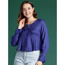 DressBerry Puff Sleeves Pleated Shirt Style Top-picture-17
