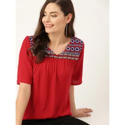DressBerry Red & Blue Embroidered A-Line Top-picture-23