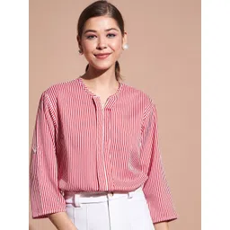 DressBerry Red & White Vertical Stripes Roll Up Sleeves Top-picture-41