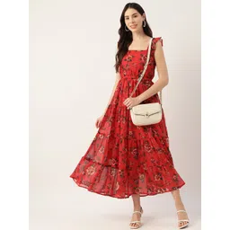 DressBerry Red Floral Printed Tiered Detailed Square Neck Fit & Flare Dress-picture-16