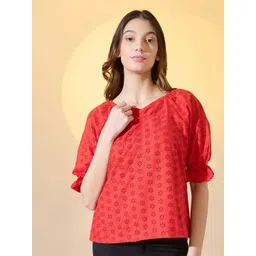 DressBerry Self Design V-neck Cotton Schiffli Top-picture-11