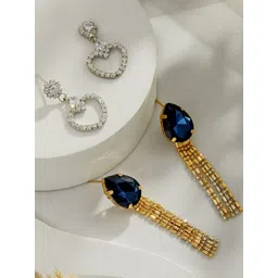 DressBerry Set Of 2 Gold Heart Shaped Rhodium-Plated & Blue Stone Studded Drop Earrings-picture-16