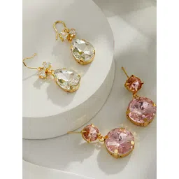 DressBerry Set of 2 Gold-Plated & Pink Brass Artificial Stones & Beads Circular Drop Earrings-picture-30