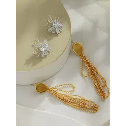 DressBerry Set of 2 Gold-Plated Brass Artificial Stones & Beads Geometric Drop Earrings-picture-23